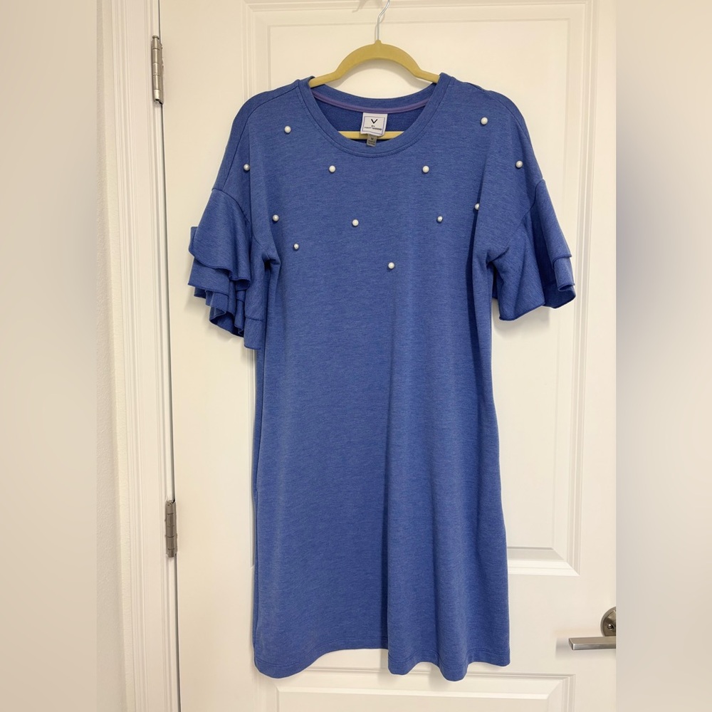 Blue Ruffle Sleeve Women’s Dress with Pearl Accents